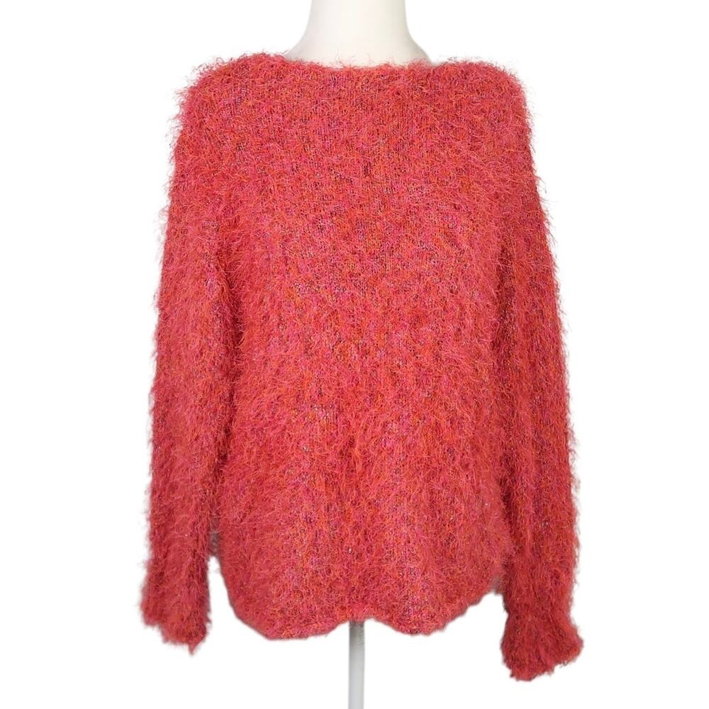 Vintage 90s Easy Spirit Pink and Orange Fuzzy Shag Knit Sweater L